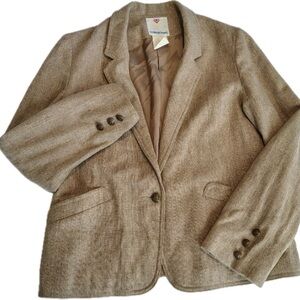 Vtg Wool Twee Short Blazer Tan Beige Preppy Career Academia Womens 11/12 USA